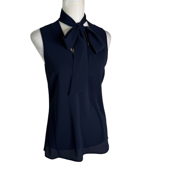 NWT Michael Michael Kors Womens Navy Chiffon Tie-neck Blouse Top Size 4 - Picture 2 of 12